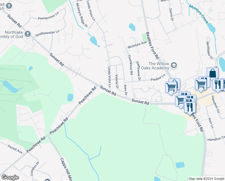 map of restaurants, bars, coffee shops, grocery stores, and more near 5406 Linda Vista Lane in Charlotte
