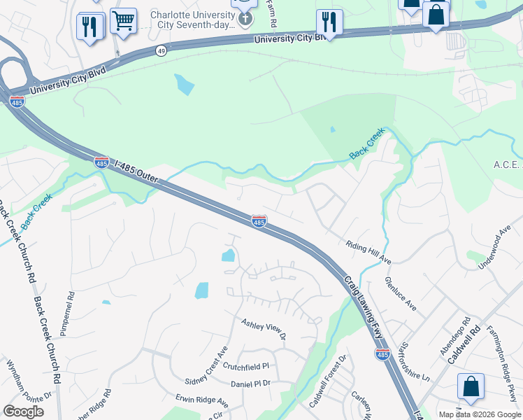 map of restaurants, bars, coffee shops, grocery stores, and more near 13405 Glasgow Green Lane in Charlotte