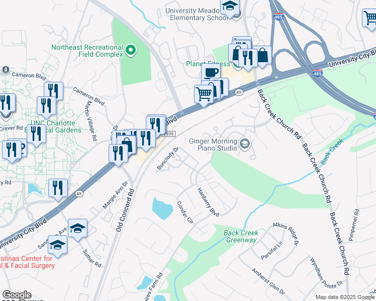 map of restaurants, bars, coffee shops, grocery stores, and more near 10565 Bunclody Drive in Charlotte