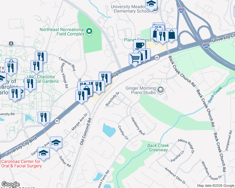 map of restaurants, bars, coffee shops, grocery stores, and more near 10511 Bunclody Drive in Charlotte