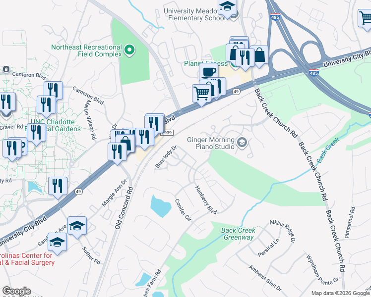 map of restaurants, bars, coffee shops, grocery stores, and more near 10565 Bunclody Drive in Charlotte