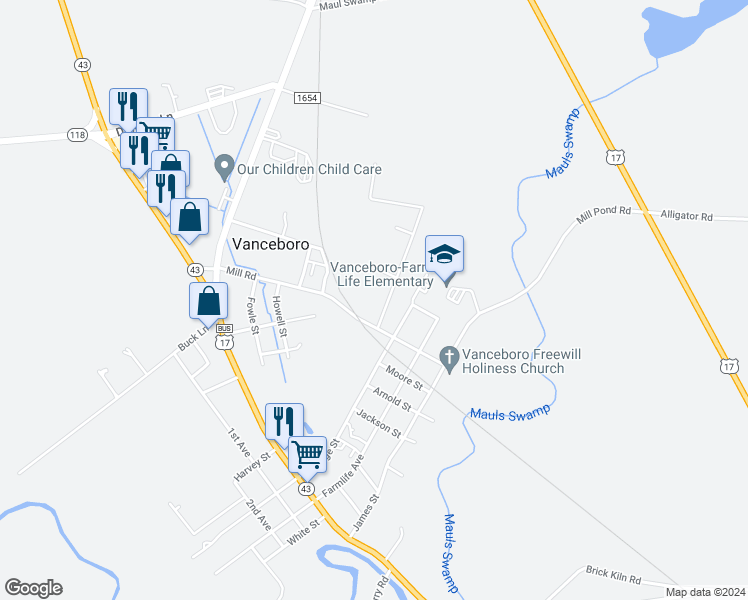 map of restaurants, bars, coffee shops, grocery stores, and more near 516 McLawhorn Lane in Vanceboro