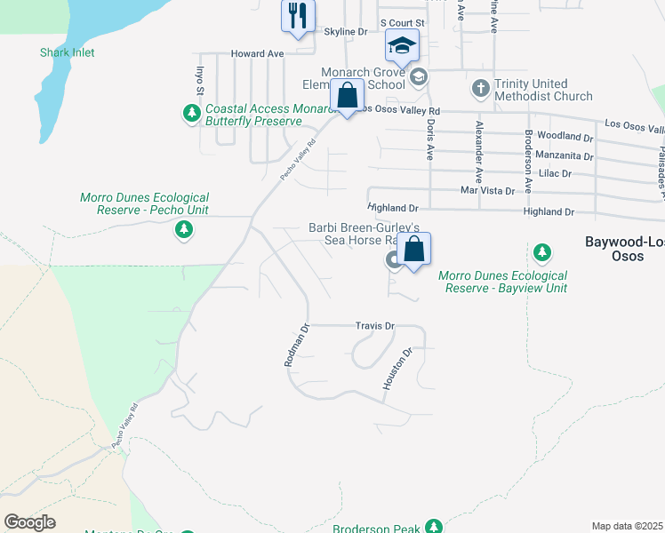 map of restaurants, bars, coffee shops, grocery stores, and more near 2493 San Sebastian Lane in Baywood-Los Osos
