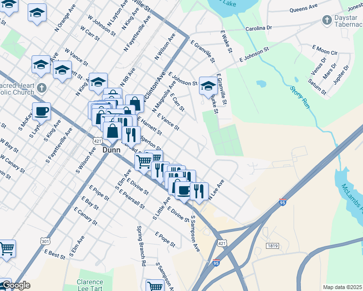 map of restaurants, bars, coffee shops, grocery stores, and more near 619 East Harnett Street in Dunn