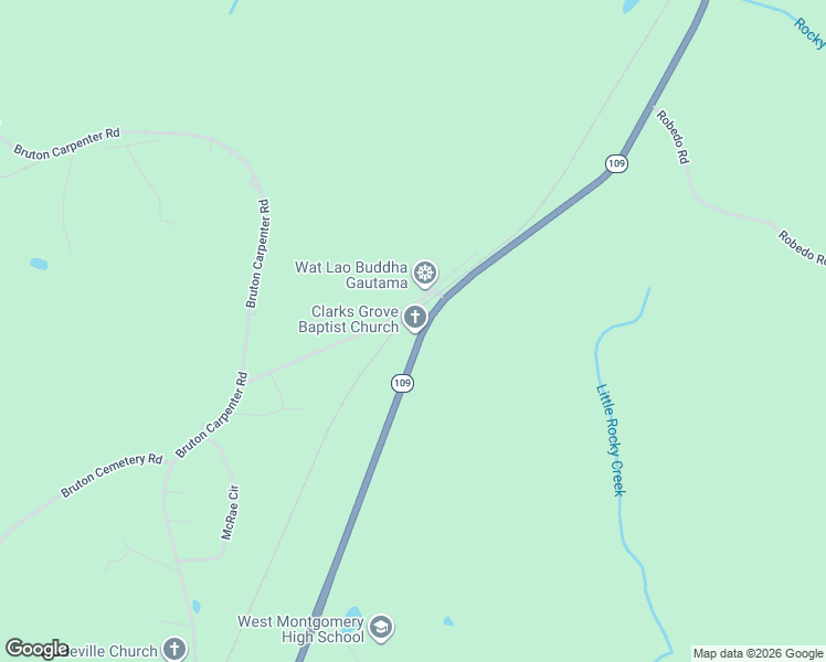 map of restaurants, bars, coffee shops, grocery stores, and more near 594 North Carolina 109 in Mount Gilead