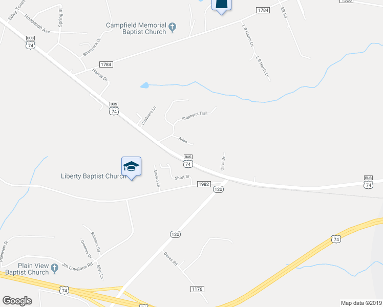 map of restaurants, bars, coffee shops, grocery stores, and more near 1093 U.S. 74 Business in Ellenboro