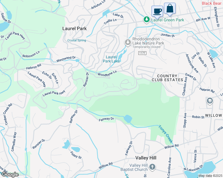 map of restaurants, bars, coffee shops, grocery stores, and more near 120 Bent Tree Drive in Laurel Park