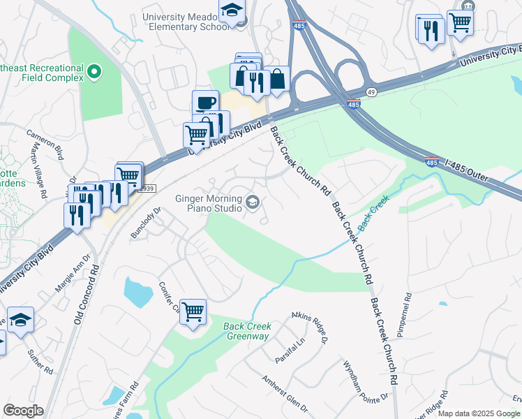 map of restaurants, bars, coffee shops, grocery stores, and more near 2017 University Heights Lane in Charlotte