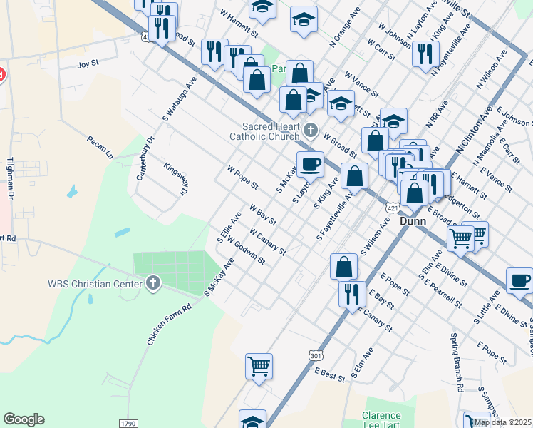 map of restaurants, bars, coffee shops, grocery stores, and more near 509 South McKay Avenue in Dunn