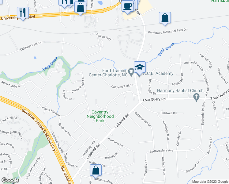 map of restaurants, bars, coffee shops, grocery stores, and more near 5710 Underwood Avenue in Charlotte