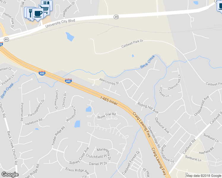 map of restaurants, bars, coffee shops, grocery stores, and more near 10819 Carstairs Street in Charlotte