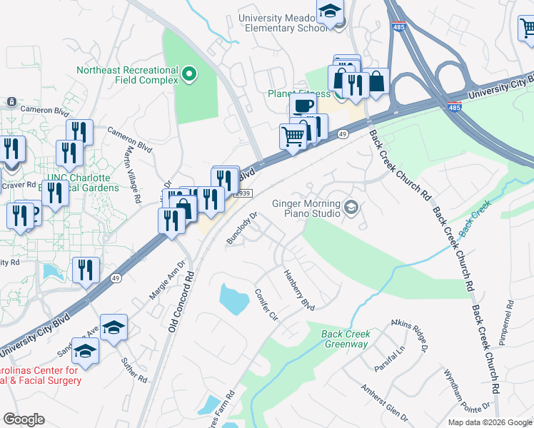 map of restaurants, bars, coffee shops, grocery stores, and more near 10565 Bunclody Drive in Charlotte