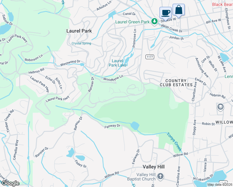 map of restaurants, bars, coffee shops, grocery stores, and more near 125 Bent Tree Drive in Laurel Park