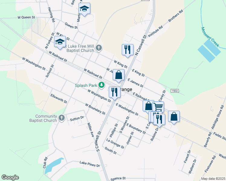 map of restaurants, bars, coffee shops, grocery stores, and more near 119 West Railroad Street in La Grange