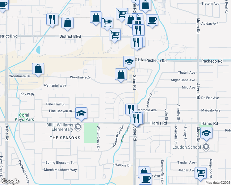 map of restaurants, bars, coffee shops, grocery stores, and more near 5320 Silver Creek Road in Bakersfield