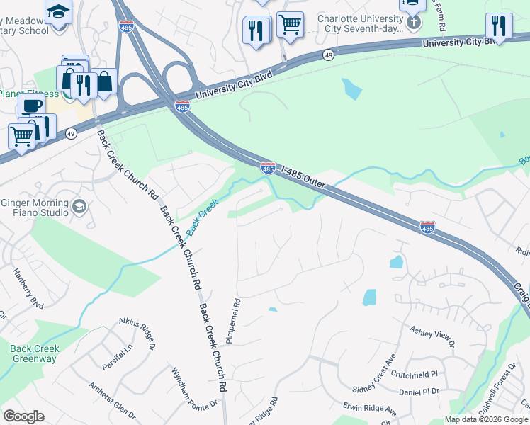 map of restaurants, bars, coffee shops, grocery stores, and more near 10537 Katie Creek Court in Charlotte