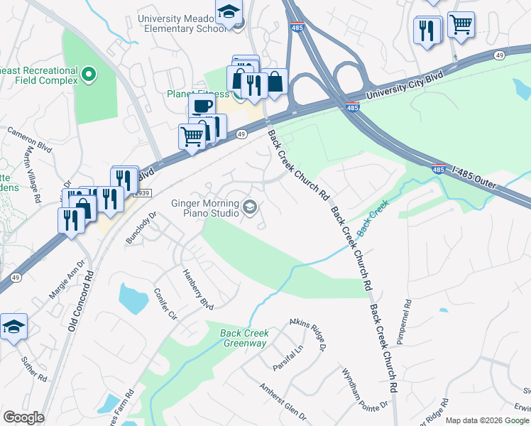 map of restaurants, bars, coffee shops, grocery stores, and more near 1938 Forest Side Lane in Charlotte
