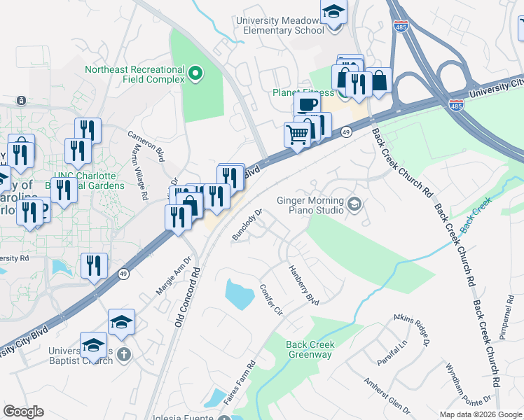 map of restaurants, bars, coffee shops, grocery stores, and more near 10515 Bunclody Drive in Charlotte