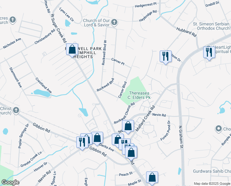 map of restaurants, bars, coffee shops, grocery stores, and more near 6005 Carver Boulevard in Charlotte