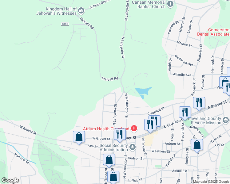 map of restaurants, bars, coffee shops, grocery stores, and more near 1126 Scottsdale Drive in Shelby