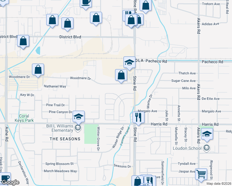 map of restaurants, bars, coffee shops, grocery stores, and more near 5320 Silver Creek Road in Bakersfield
