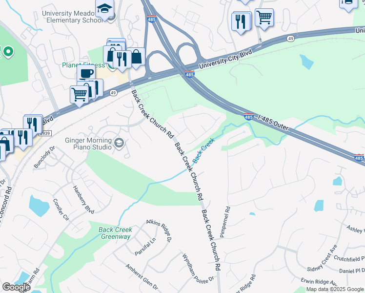 map of restaurants, bars, coffee shops, grocery stores, and more near 10407 Pickerel Lane in Charlotte