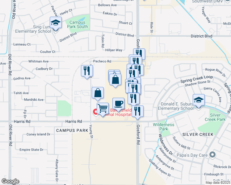 map of restaurants, bars, coffee shops, grocery stores, and more near 5385 Gosford Road in Bakersfield