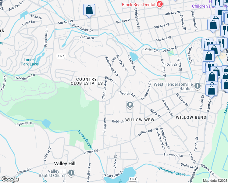 map of restaurants, bars, coffee shops, grocery stores, and more near 1425 Hebron Road in Hendersonville