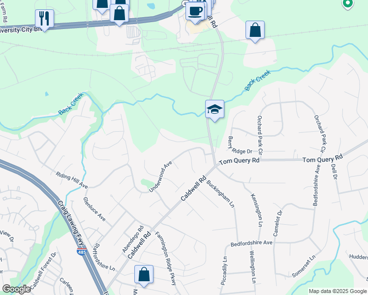 map of restaurants, bars, coffee shops, grocery stores, and more near 5710 Underwood Avenue in Charlotte
