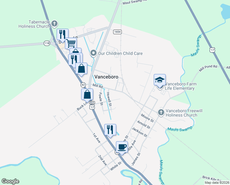 map of restaurants, bars, coffee shops, grocery stores, and more near 319 Mill Road in Vanceboro