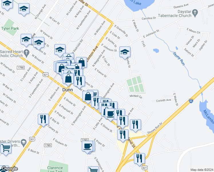 map of restaurants, bars, coffee shops, grocery stores, and more near 613 East Harnett Street in Dunn