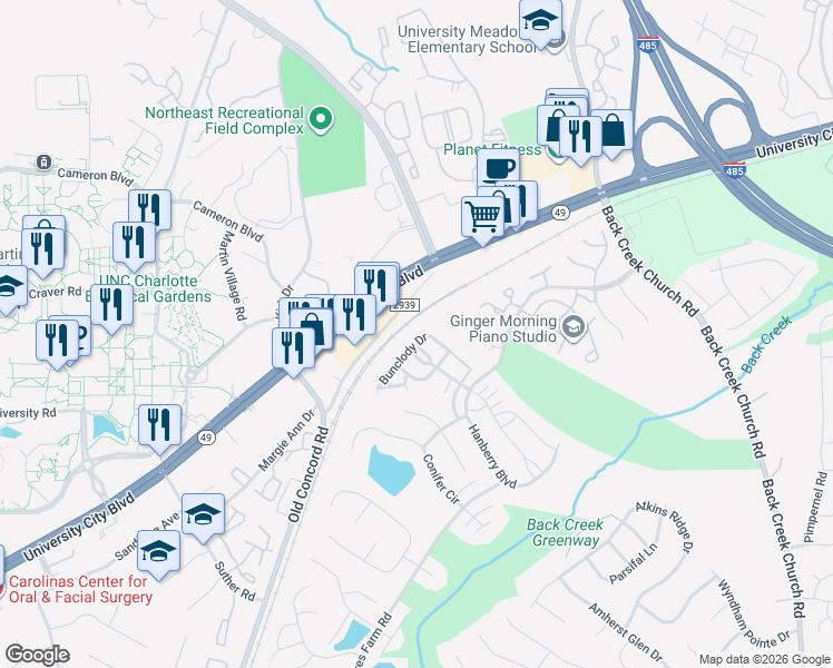 map of restaurants, bars, coffee shops, grocery stores, and more near 10511 Bunclody Drive in Charlotte