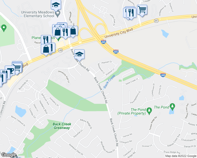 map of restaurants, bars, coffee shops, grocery stores, and more near 10400 Pickerel Lane in Charlotte