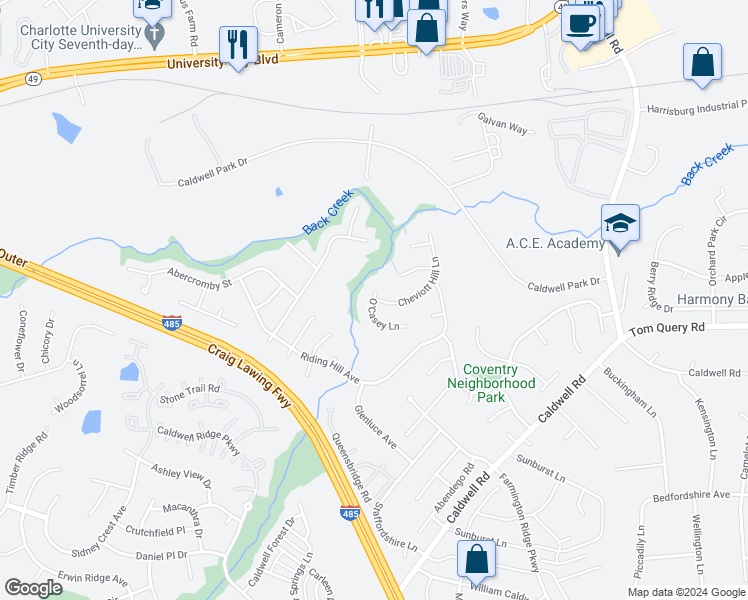 map of restaurants, bars, coffee shops, grocery stores, and more near 14431 O'Casey Lane in Charlotte