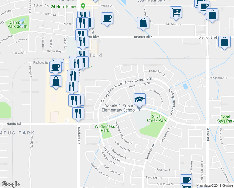 map of restaurants, bars, coffee shops, grocery stores, and more near 5300 Shadow Stone Street in Bakersfield