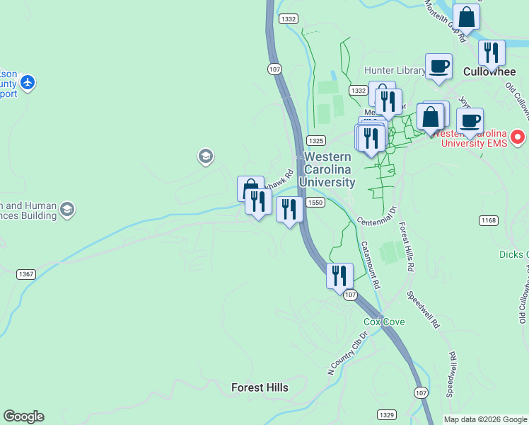 map of restaurants, bars, coffee shops, grocery stores, and more near 4735 Little Savannah Road in Cullowhee