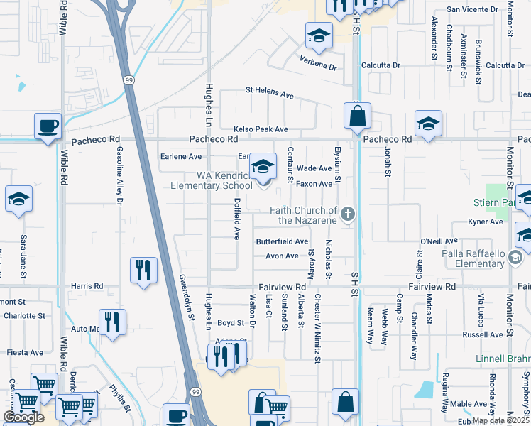 map of restaurants, bars, coffee shops, grocery stores, and more near 2200 Faith Avenue in Bakersfield