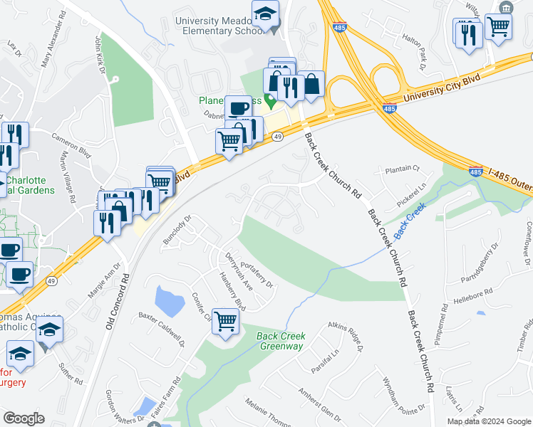 map of restaurants, bars, coffee shops, grocery stores, and more near 9915 Birch Knoll Court in Charlotte