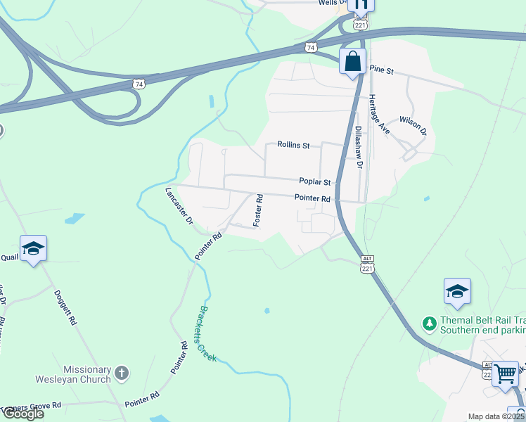 map of restaurants, bars, coffee shops, grocery stores, and more near 121 Foster Road in Forest City