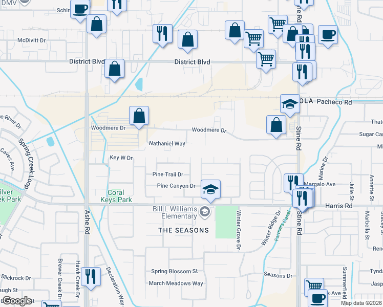 map of restaurants, bars, coffee shops, grocery stores, and more near 5302 White Pine Way in Bakersfield