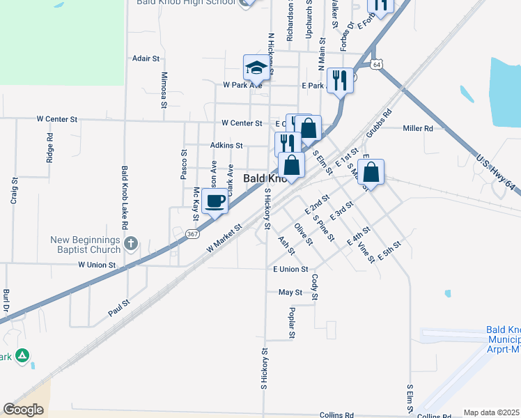 map of restaurants, bars, coffee shops, grocery stores, and more near 104 West Market Street in Bald Knob