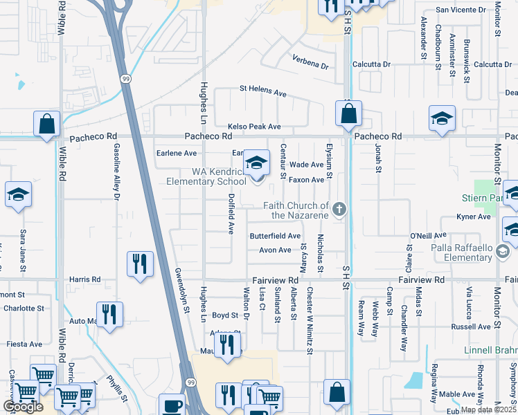 map of restaurants, bars, coffee shops, grocery stores, and more near 2200 Faith Avenue in Bakersfield