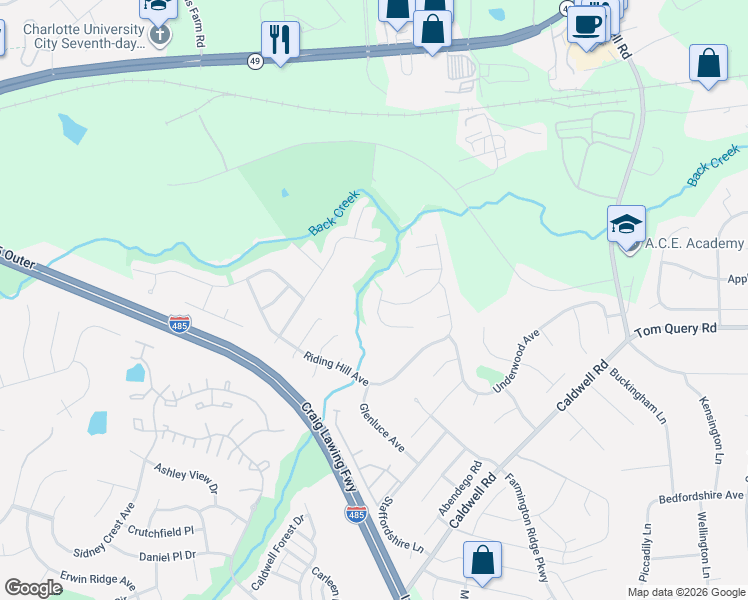 map of restaurants, bars, coffee shops, grocery stores, and more near 11803 Cheviott Hill Lane in Charlotte