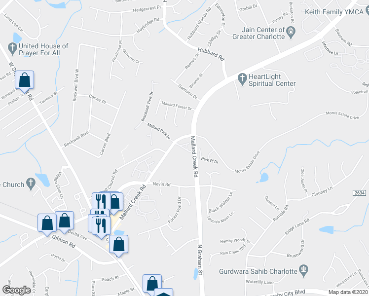 map of restaurants, bars, coffee shops, grocery stores, and more near 6205 Creek Park Drive in Charlotte