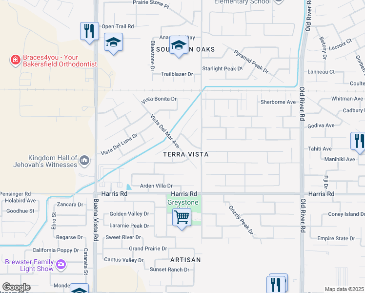 map of restaurants, bars, coffee shops, grocery stores, and more near 5314 Vista Del Mar Avenue in Bakersfield