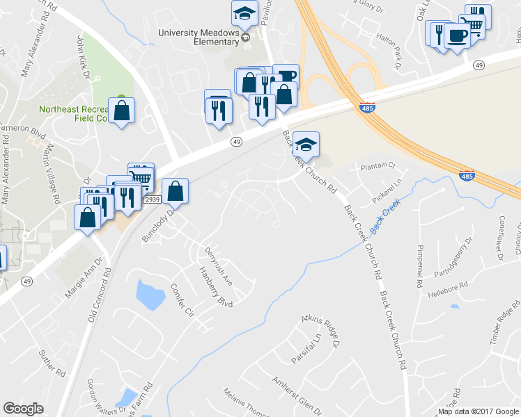 map of restaurants, bars, coffee shops, grocery stores, and more near 2017 University Heights Lane in Charlotte