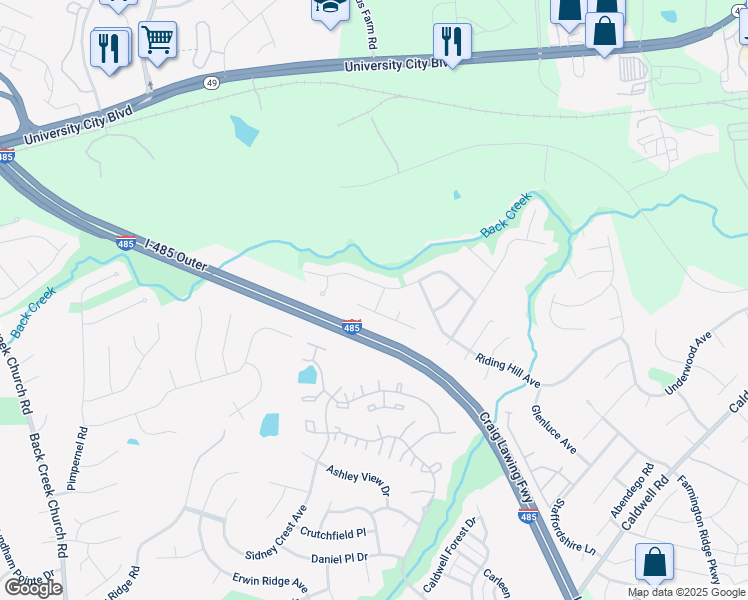 map of restaurants, bars, coffee shops, grocery stores, and more near 4903 Abercromby Street in Charlotte