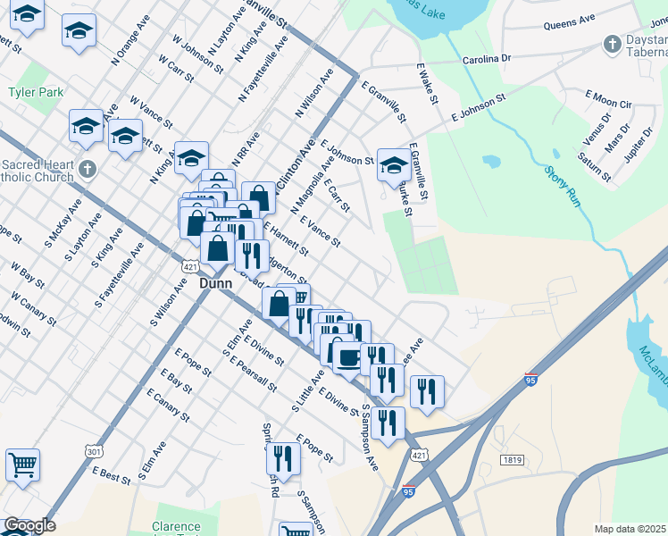 map of restaurants, bars, coffee shops, grocery stores, and more near 609 East Harnett Street in Dunn