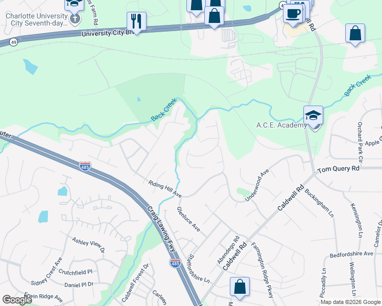 map of restaurants, bars, coffee shops, grocery stores, and more near 11803 Cheviott Hill Lane in Charlotte