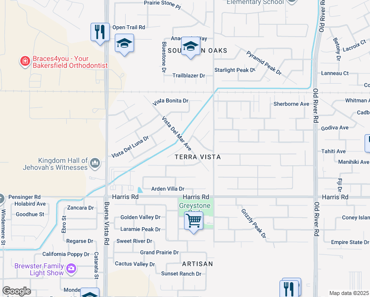 map of restaurants, bars, coffee shops, grocery stores, and more near 5303 Vista Del Mar Avenue in Bakersfield